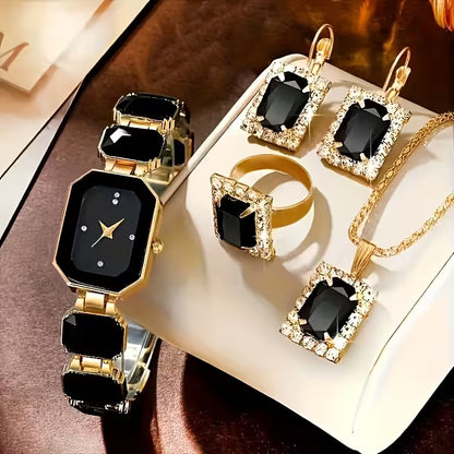 MSCXDK 5pcs Women's Watch & Jewelry Set - Square Quartz Watch with Matching Bracelet/Collar Necklace/Earrings/Ring, Multicolor Alloy Chain, Shockproof Stainless /Casual Elegant Analog Wristwatch for Daily Wear & Special Occasions,