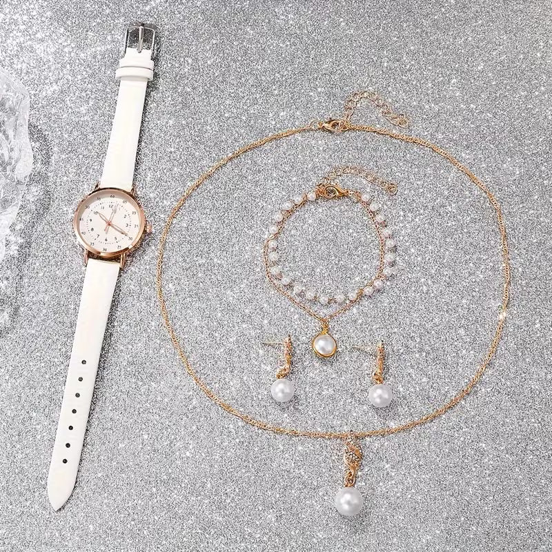 5pcs Women's Bohemian Quartz Watch & Jewelry Set - Round PU Leather Strap, Zinc Alloy Case with Matching Bracelet, Elegant Watch for Birthdays, Christmas, Valentine's Gift, Casual Attire & Special Occasions - Quartz Movement Timepiece