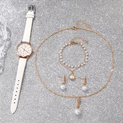 5pcs Women's Bohemian Quartz Watch & Jewelry Set - Round PU Leather Strap, Zinc Alloy Case with Matching Bracelet, Elegant Watch for Birthdays, Christmas, Valentine's Gift, Casual Attire & Special Occasions - Quartz Movement Timepiece