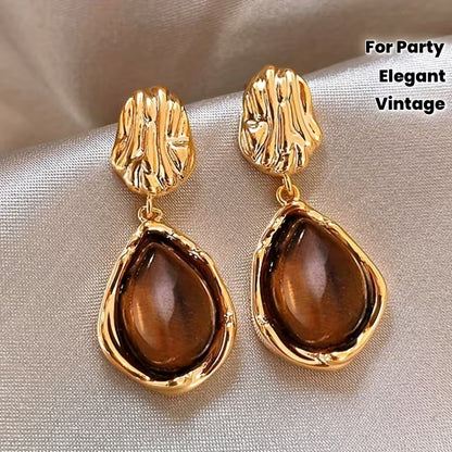 2pcs Vintage Elegant Lightweight Teardrop Resin Ladies' Earrings | 14K Golden Plated Zinc Alloy, Suitable for Daily and Party Occasions