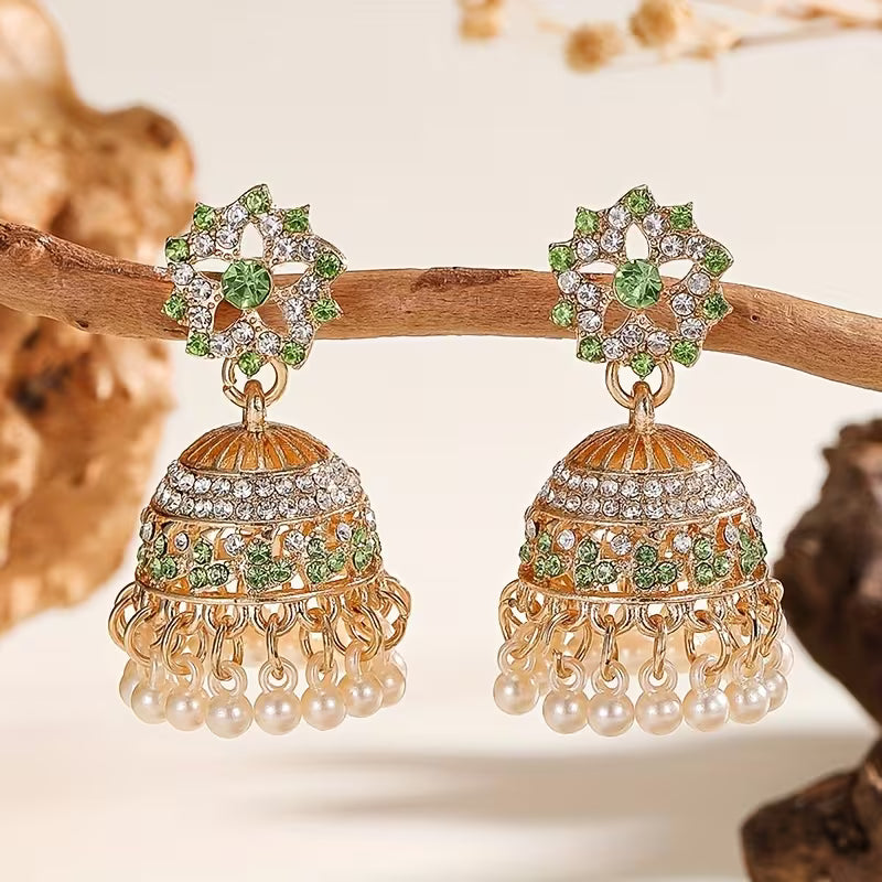 1 Pair Indian Bohemian Rhinestone & Drop Earrings with Jhumka Bells, KC Golden-Plated Wedding Party Jewelry, Green Accent Tassel Dangle Earrings for Women, Year-Round Wear (Gift Box) - Sensitive Beige