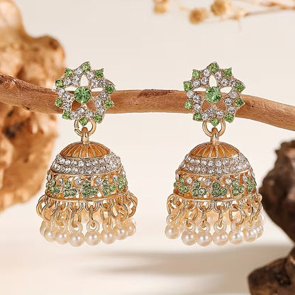 1 Pair Indian Bohemian Rhinestone & Drop Earrings with Jhumka Bells, KC Golden-Plated Wedding Party Jewelry, Green Accent Tassel Dangle Earrings for Women, Year-Round Wear (Gift Box) - Sensitive Beige