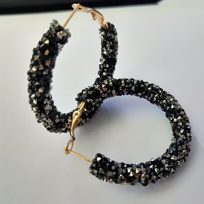 Boho-Chic Sparkling Crystal & Diamond Hoop Earrings - Large, Exaggerated Circular Design for Women | Perfect Birthday Gift