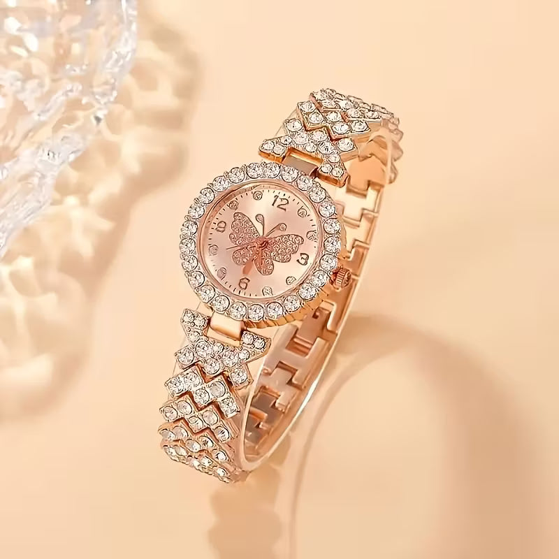2pcs Elegant Butterfly Quartz Watch & Ladies Jewelry Set - Perfect Gift, Eternal Style and Exquisite Design, Zinc Alloy Strap and Zinc Alloy Case, Quartz Movement, Accurate, Durable, Fashionable Women's Gift, Especially Suitable for Mother's Day, Valentin