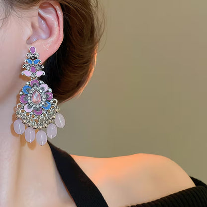 A Pair of Vintage Luxurious Ethnic-style Resin Tassel Earrings with Drip-painted Floral Designs
