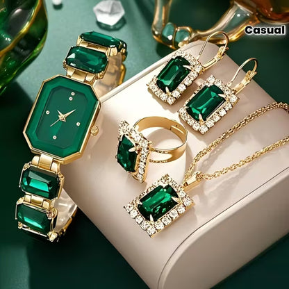 MSCXDK 5pcs Women's Watch & Jewelry Set - Square Quartz Watch with Matching Bracelet/Collar Necklace/Earrings/Ring, Multicolor Alloy Chain, Shockproof Stainless /Casual Elegant Analog Wristwatch for Daily Wear & Special Occasions,