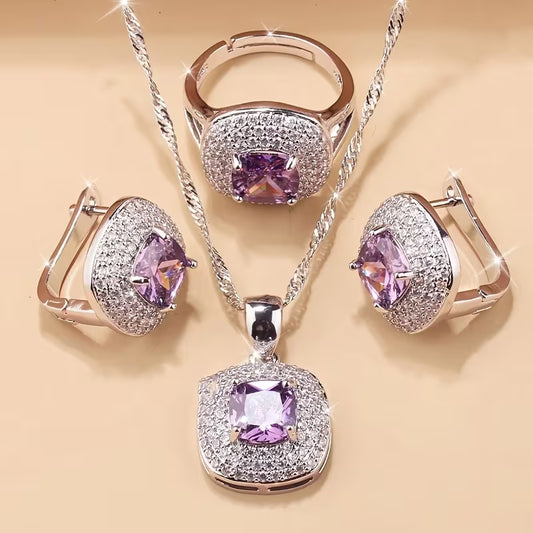 A Luxurious Jewelry Set Featuring Elegant And Classic Additions for Brides And Bridesmaids, Including High-Quality Cubic Zirconia Square Earrings, a Necklace, a Pendant, And an Adjustable Ring