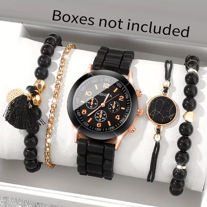 5pcs Set Women's Quartz Watch & Bracelet Collection - Elegant Casual Analog Watch Set with Durable Silicone Strap, Matching Bracelets for Birthdays, Weddings, Christmas Gifts - Stylish Watch Set for Daily Wear & Special Occasions (for her)