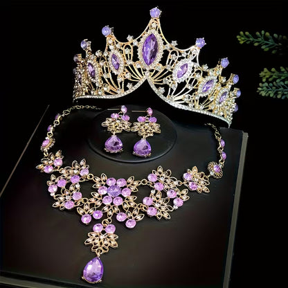 Three-Piece Bridal Crown Set Including a Tiara, Necklace, And Earrings, Perfect for Fairy-Tale Weddings, Photo Shoots, And Parties