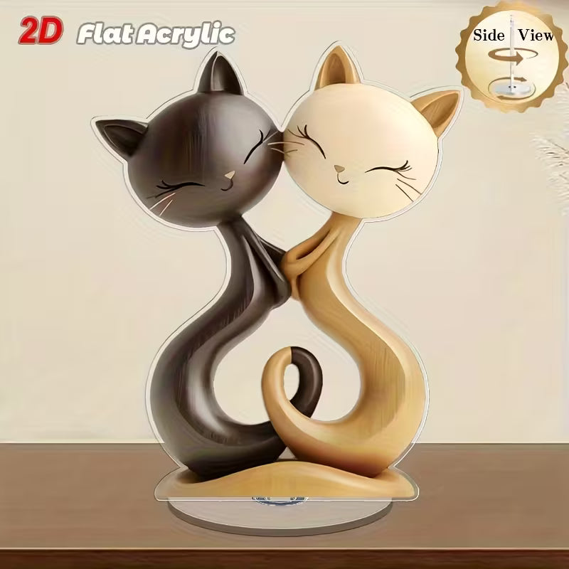 2D Flat, 1pc Rotating Acrylic Tabletop Decor with Smiling Tabby Cat Couple - Black & White Brown Beige Modern Desktop Display, 360° Spin Base Suitable for Home, Office, Farmhouse - Durable / Use, Perfect Gift for Birthdays, Housewarming, Valentine's