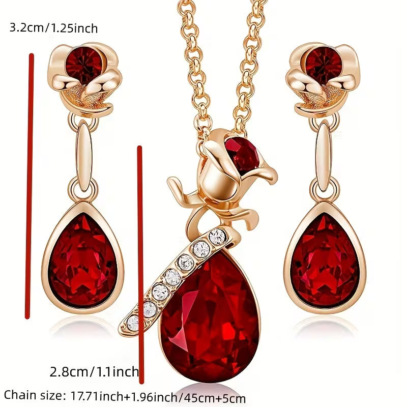 Fashion Rose flower and Droplet Shape Pendant Necklace Earrings Banquet Wedding Anniversary 's jewelry set gift, for Teenager