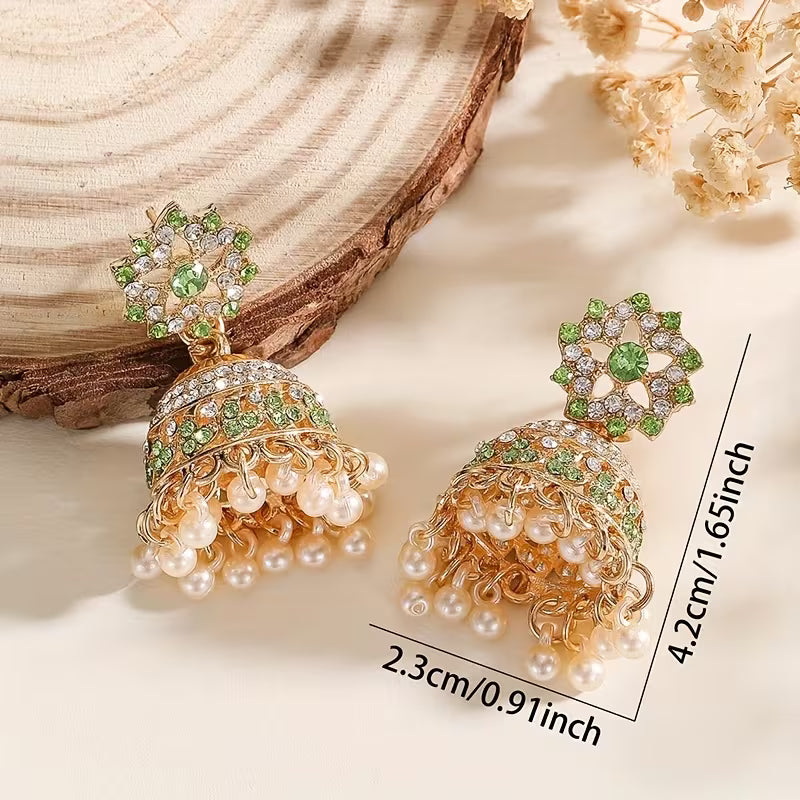 1 Pair Indian Bohemian Rhinestone & Drop Earrings with Jhumka Bells, KC Golden-Plated Wedding Party Jewelry, Green Accent Tassel Dangle Earrings for Women, Year-Round Wear (Gift Box) - Sensitive Beige