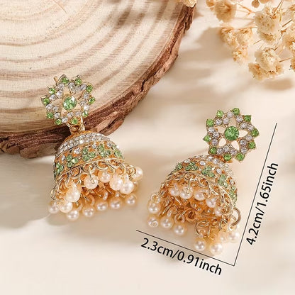1 Pair Indian Bohemian Rhinestone & Drop Earrings with Jhumka Bells, KC Golden-Plated Wedding Party Jewelry, Green Accent Tassel Dangle Earrings for Women, Year-Round Wear (Gift Box) - Sensitive Beige