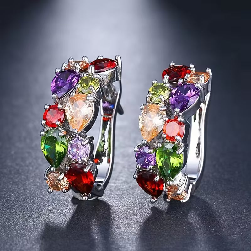 Women's Teardrop Synthetic Zirconia Hoop Earrings with KC & Copper Inlay - Multi-Color (///) Bohemian Luxury Suitable for Birthdays, Christmas Gifts, Parties & Daily Wear