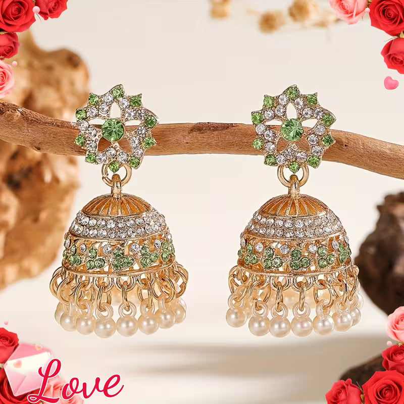 1 Pair Indian Bohemian Rhinestone & Drop Earrings with Jhumka Bells, KC Golden-Plated Wedding Party Jewelry, Green Accent Tassel Dangle Earrings for Women, Year-Round Wear (Gift Box) - Sensitive Beige