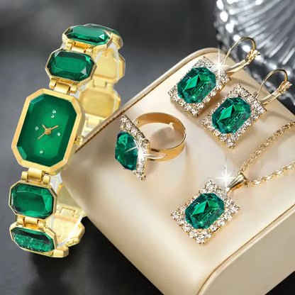 MSCXDK 5pcs Women's Watch & Jewelry Set - Square Quartz Watch with Matching Bracelet/Collar Necklace/Earrings/Ring, Multicolor Alloy Chain, Shockproof Stainless /Casual Elegant Analog Wristwatch for Daily Wear & Special Occasions,