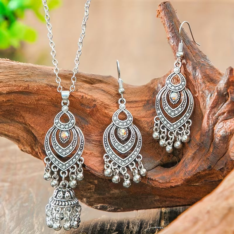 3pcs Bohemian Ethnic Vintage for Women - Zinc Alloy & Glass Bead Bell & Tassel Earrings and Necklace, K Plated Ilvery Peach Bell Charms, Cultural for Parties Weddings Daily Wear, Year-Round Elegant Statement