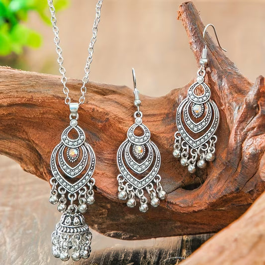3pcs Bohemian Ethnic Vintage for Women - Zinc Alloy & Glass Bead Bell & Tassel Earrings and Necklace, K Plated Ilvery Peach Bell Charms, Cultural for Parties Weddings Daily Wear, Year-Round Elegant Statement