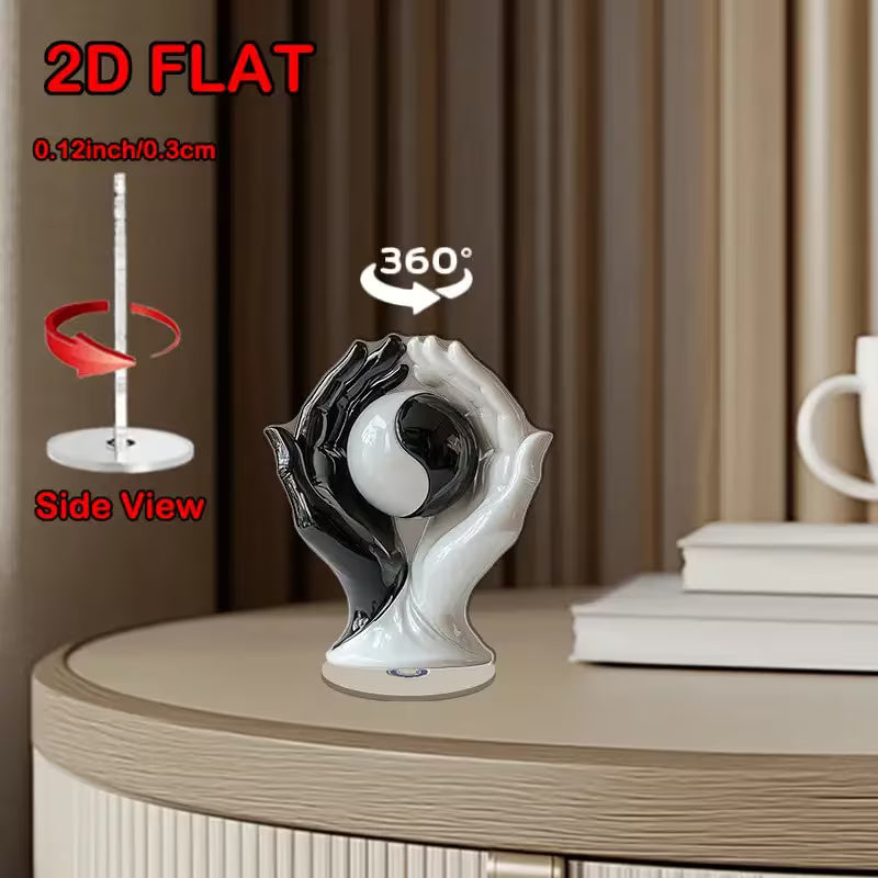 2D Flat, 2Dflat2D Flat Rotating Acrylic Desktop Decoration- Black and White Glossy Ceramic Yin Yang Handheld Ornament, 360 ° Rotating Base, No Power Required Meditation Home Office Relaxation and International Peace Day Decorations, 2D Flat