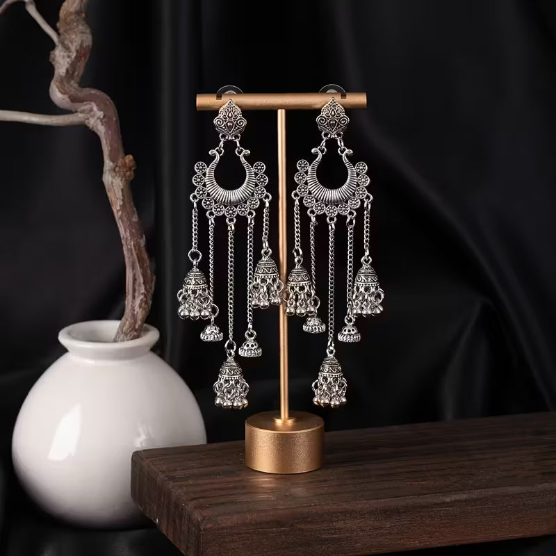 Elegant Retro Bohemian Style Earrings with a Hong Kong Flair, Featuring Long Tassels And Bells That Add a Unique Touch And Complement Any Outfit While Enhancing The Appearance of a Slimmer Face