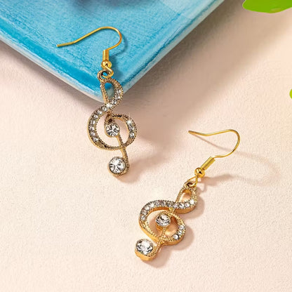 Elegant Music Note Dangle Earrings with Sparkling Rhinestones - Zinc Alloy, Glass Inlay, Perfect for Daily Wear & Parties