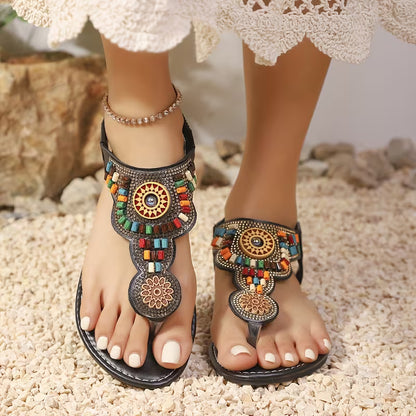 Summer New Vintage Bohemian Ethnic Style Casual Soft Sole Slip-On Sandals, Women Shoes