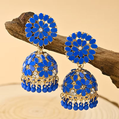Bohemian Style Ramadan Pendant Earrings, Featuring a Floral Design with Rhinestones And JHUMKA Pendants Paired with Round Bead Tassels, Made of Zinc Alloy, Suitable for Women'S Daily Wear, Festivals, Weddings, And Parties, Or As Gifts