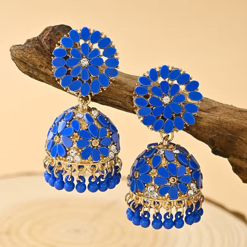 Bohemian Style Ramadan Pendant Earrings, Featuring a Floral Design with Rhinestones And JHUMKA Pendants Paired with Round Bead Tassels, Made of Zinc Alloy, Suitable for Women'S Daily Wear, Festivals, Weddings, And Parties, Or As Gifts