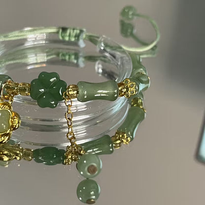 1pc Lucky Four-Leaf Clover Coin Purse Bracelet - Green Beads & Lucky Elements, Resin Glass Texture, Tribal Style, Perfect Mother'S Day Gift, Daily Wear, Party Occasion