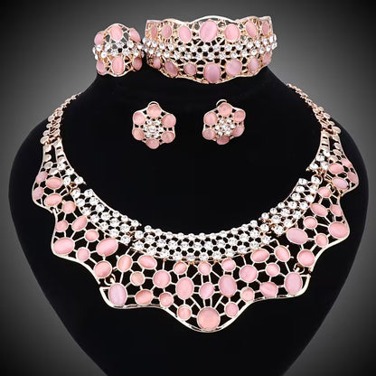 Elegant Jewelry Collection for Women Featuring Faux Cat'S Eye, Rhinestones, And a Golden Necklace, Earrings, Bangle, And Ring, Perfect for Banquets And Proms