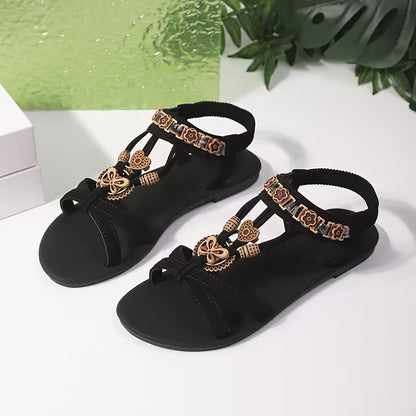 Bohemian Classic Cross-Border Rhinestone Flower Casual Vintage Versatile Flat Sandals for Women, Beach Sandals, Women Shoes
