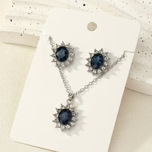 1 set of European and American retro-style sunflower design zinc alloy inlaid synthetic gemstone multi-color jewelry set suitable for daily wear by women, includes one necklace and a pair of earrings with multiple color options