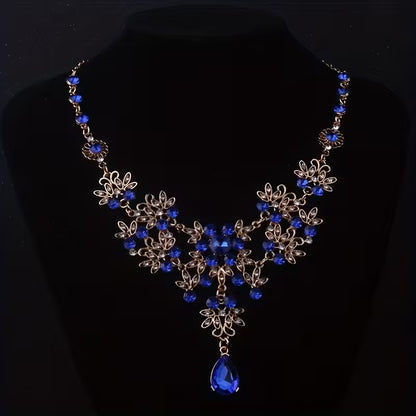 Royal Blue Leaf-Shaped Flower Necklace and Earrings Set for Women, Wedding Chain, Stage Performance Party Hall Necklace