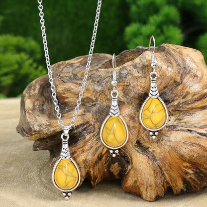 3pcs Bohemian Vintage Style Women's Jewelry Set, Silvery Teardrop Zinc Alloy with Yellow Acrylic Earrings and Necklace Set, Simple and Stylish, Versatile for All Seasons
