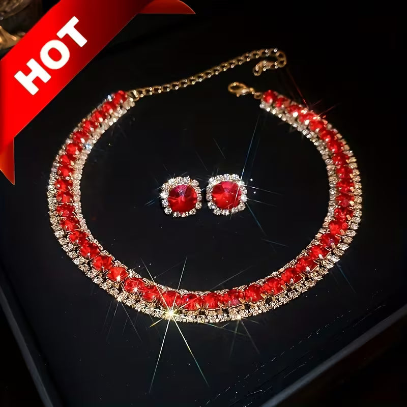 Luxury Green Necklace and Earrings Set, Sexy & Simple Style, Fashion Jewelry for Women, Elegant Evening Party Accessories Gifts for Eid