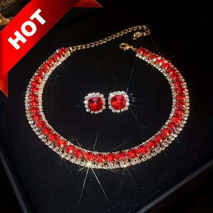 Luxury Green Necklace and Earrings Set, Sexy & Simple Style, Fashion Jewelry for Women, Elegant Evening Party Accessories Gifts for Eid