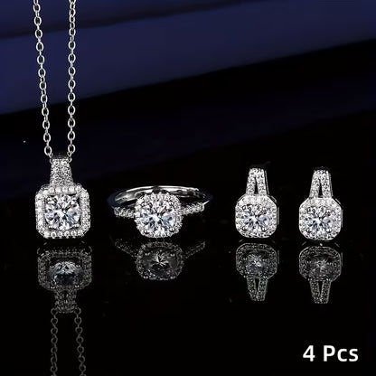 A Set of 4 Sparkling Cubic Zirconia Jewelry Pieces! This Combination Includes a Necklace Pendant, Ring, And Earrings, Showcasing Exquisite Cuts That Radiate Brilliance. It'S Stylish And Versatile, Perfect for Various Occasions