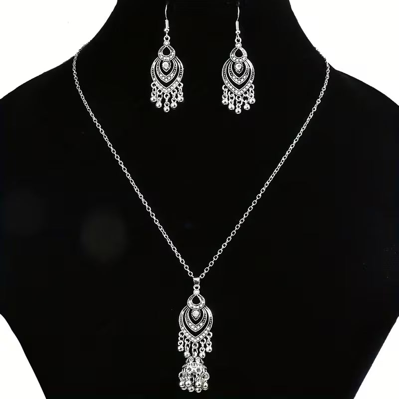 3pcs Bohemian Ethnic Vintage for Women - Zinc Alloy & Glass Bead Bell & Tassel Earrings and Necklace, K Plated Ilvery Peach Bell Charms, Cultural for Parties Weddings Daily Wear, Year-Round Elegant Statement