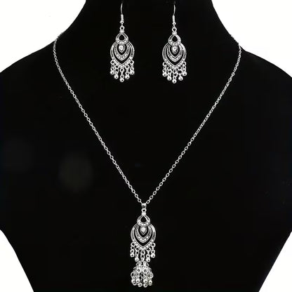 3pcs Bohemian Ethnic Vintage for Women - Zinc Alloy & Glass Bead Bell & Tassel Earrings and Necklace, K Plated Ilvery Peach Bell Charms, Cultural for Parties Weddings Daily Wear, Year-Round Elegant Statement
