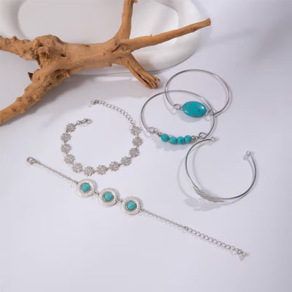 5pcs Vintage Boho Style Turquoise Mosaic Bracelet Set | Ethnic Floral and Feather Design, Iron Material, Ideal for Gifts and Parties