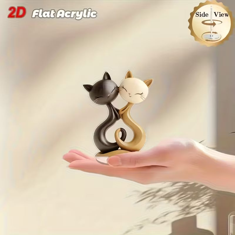 2D Flat, 1pc Rotating Acrylic Tabletop Decor with Smiling Tabby Cat Couple - Black & White Brown Beige Modern Desktop Display, 360° Spin Base Suitable for Home, Office, Farmhouse - Durable / Use, Perfect Gift for Birthdays, Housewarming, Valentine's