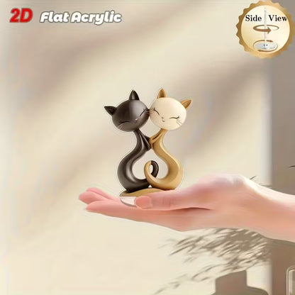 2D Flat, 1pc Rotating Acrylic Tabletop Decor with Smiling Tabby Cat Couple - Black & White Brown Beige Modern Desktop Display, 360° Spin Base Suitable for Home, Office, Farmhouse - Durable / Use, Perfect Gift for Birthdays, Housewarming, Valentine's