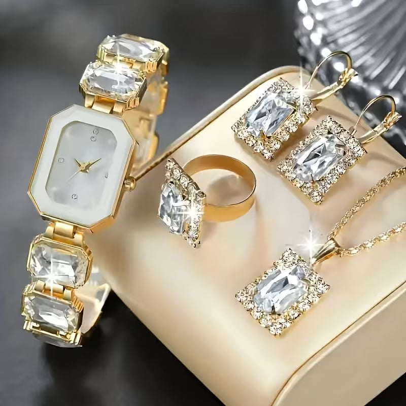 MSCXDK 5pcs Women's Watch & Jewelry Set - Square Quartz Watch with Matching Bracelet/Collar Necklace/Earrings/Ring, Multicolor Alloy Chain, Shockproof Stainless /Casual Elegant Analog Wristwatch for Daily Wear & Special Occasions,
