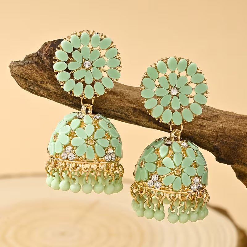 Bohemian Style Ramadan Pendant Earrings, Featuring a Floral Design with Rhinestones And JHUMKA Pendants Paired with Round Bead Tassels, Made of Zinc Alloy, Suitable for Women'S Daily Wear, Festivals, Weddings, And Parties, Or As Gifts