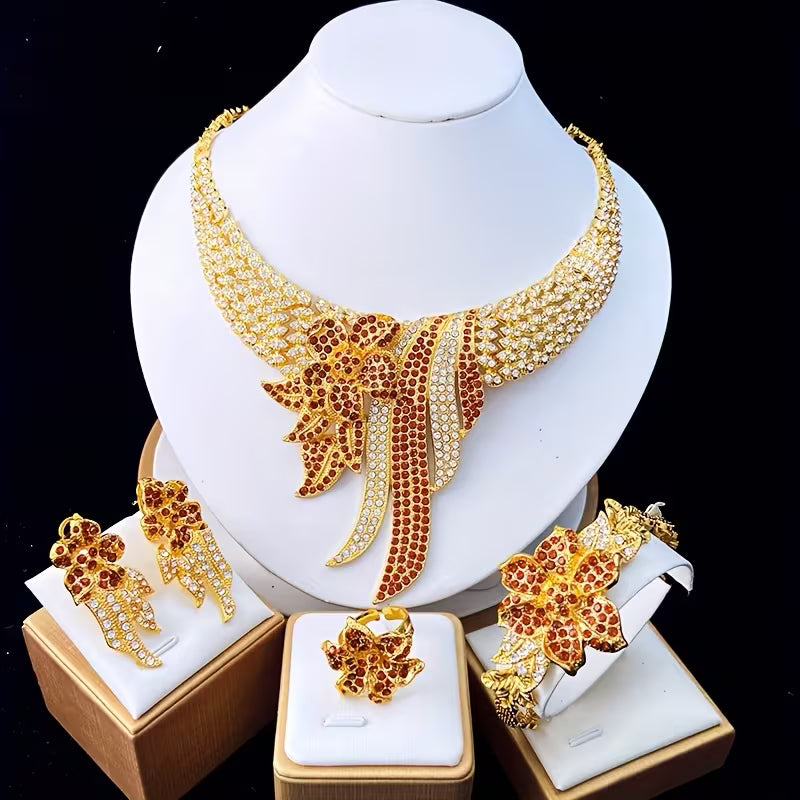 5pcs Women's Jewelry Set Elegant Floral & Leaf Multicolor Sparkling Necklace, Earrings, Bracelet & Adjustable Ring for Wedding, Party, Valentine's Gift - Year-Round Wearable for Special Occasions, Complete Matching Set