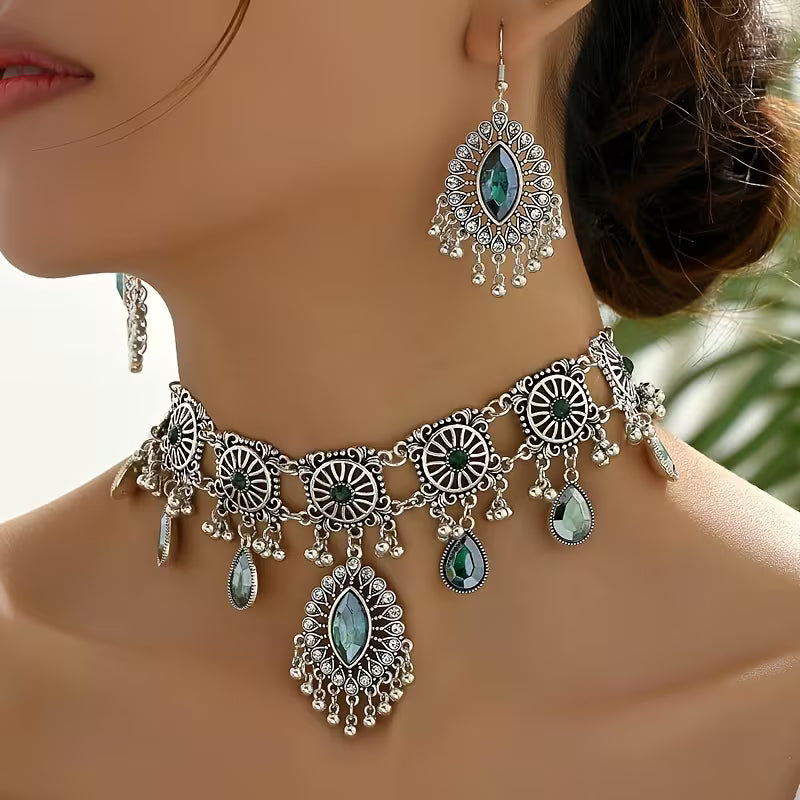 A Vintage Hollow Drop Tassel Jewelry Set Featuring an Exaggerated Necklace And Earrings with a Middle Eastern Ethnic Style in Western Fashion