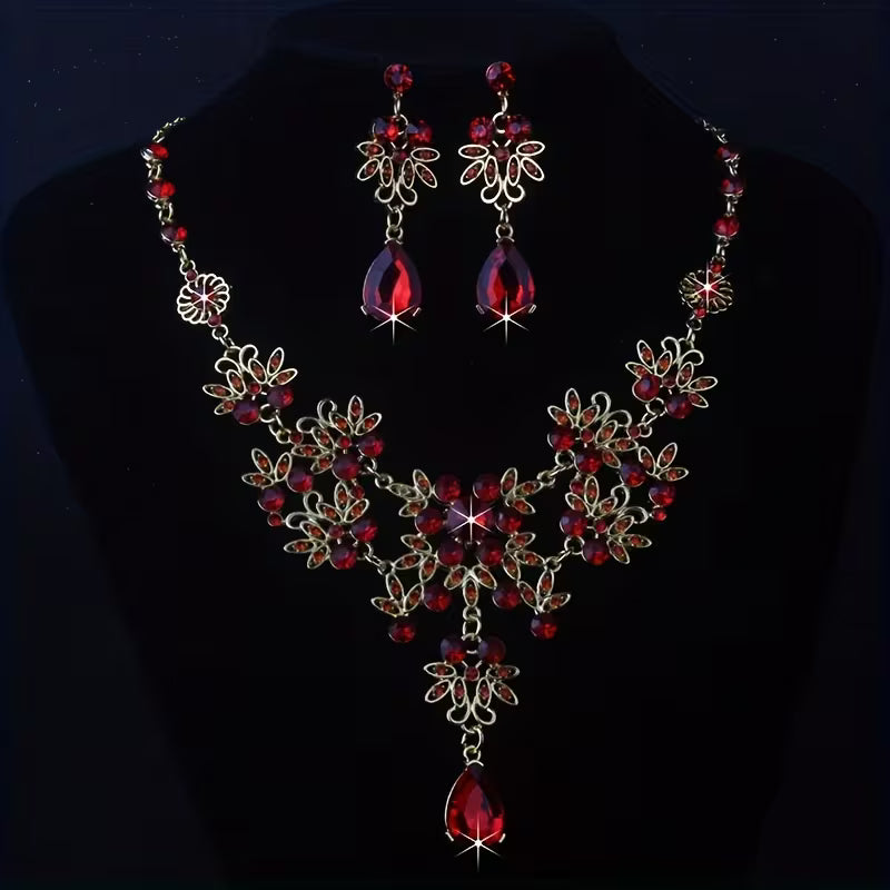 Royal Blue Leaf-Shaped Flower Necklace and Earrings Set for Women, Wedding Chain, Stage Performance Party Hall Necklace