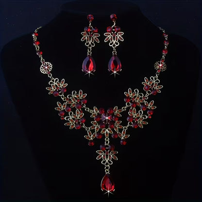 Royal Blue Leaf-Shaped Flower Necklace and Earrings Set for Women, Wedding Chain, Stage Performance Party Hall Necklace