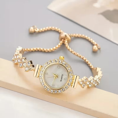 A Luxurious Women'S Quartz Watch with a Stylish And Elegant Round Design, Adorned with Rhinestones. The Bracelet Is Adjustable And Makes a Perfect Gift for Mom