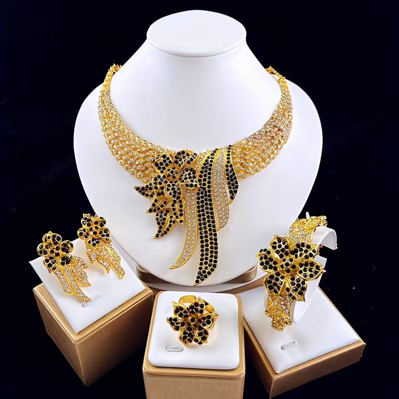 5pcs Women's Jewelry Set Elegant Floral & Leaf Multicolor Sparkling Necklace, Earrings, Bracelet & Adjustable Ring for Wedding, Party, Valentine's Gift - Year-Round Wearable for Special Occasions, Complete Matching Set